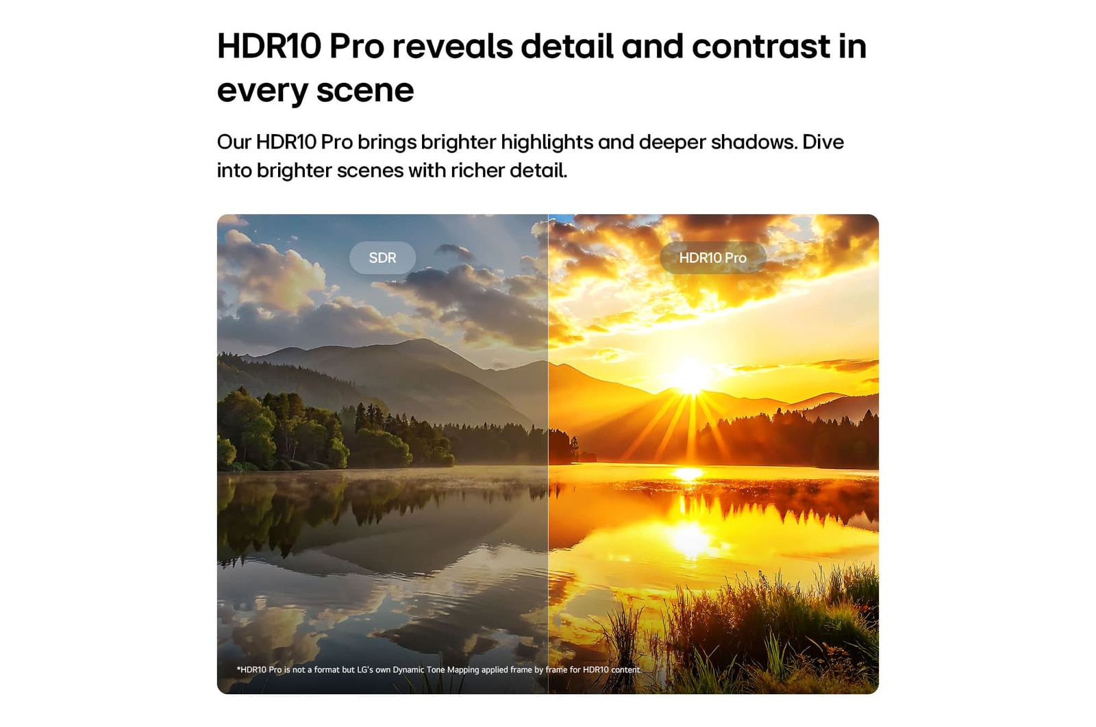 LG NANO 4K UHD AI nu70 highlights HDR10 Pro in a split scenic image comparing SDR and HDR10 Pro, revealing brighter highlights, deeper shadows, and enhanced contrast in a sunset lake scene for richer detail and clarity.